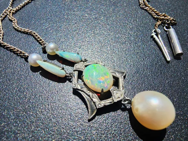 Antique Victorian Teardrop Opal Pearl Negligee Necklace Bayonette Tube Clasp