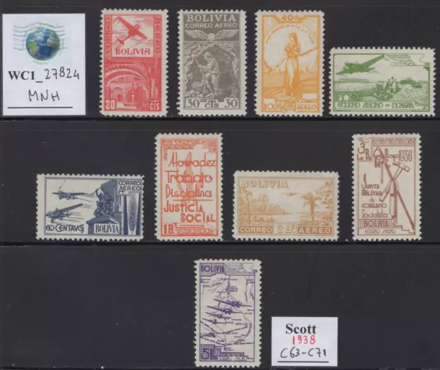 WC1_27824. BOLIVIA. 1938 air mail set. Sc. C63-C71. MNH