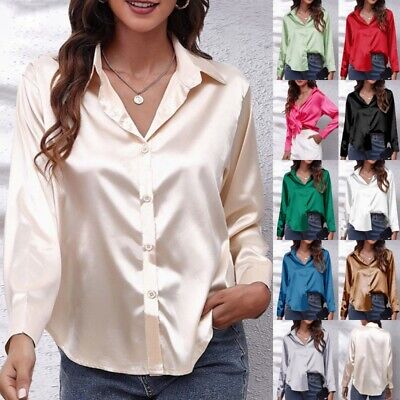Womens Long Sleeve Satin Silk Shirt Ladies Baggy Solid Button-up OL Tops Blouse