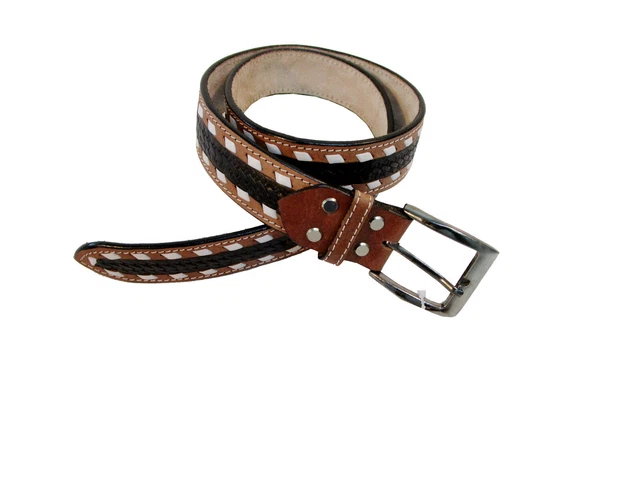 Unisex Belt Leather Floral Tooled Work Western Basket Weaved Buckstitched Belt