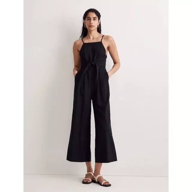 Madewell Tie-Waist Crop Wide-Leg Linen Blend Jumpsuit Black NWT 12