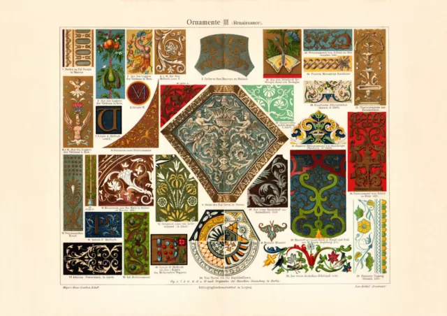 Ornamente III. Renaissance historischer Druck Chromolithographie ca. 1906 Kunst