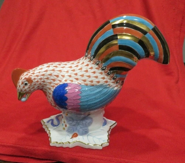 HEREND Large ROOSTER RUSTY Fishnet Figurine