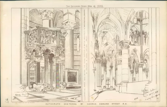 Antique Architects Print Church Interior sketches George Edmund street 1885