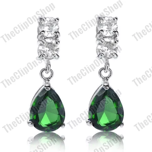 CLIP ON CZ CRYSTAL cubic zirconia TEARDROP EARRINGS silver small drop GREEN/AQUA