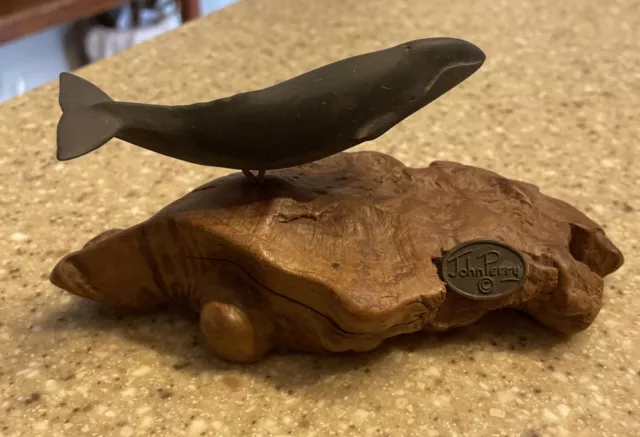 Vintage John Perry Black Whale Sculpture Figurine Nautical Burl Wood w/Medallion