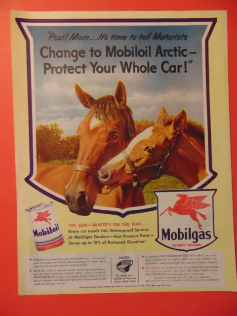 1943 Mobilgas Mobiloil Horses Winter  photo art print ad