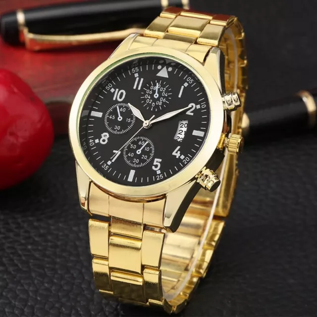 Casual Luminous Hands Men Quartz Watch with Date Black/Gold Steel Strap Reloj