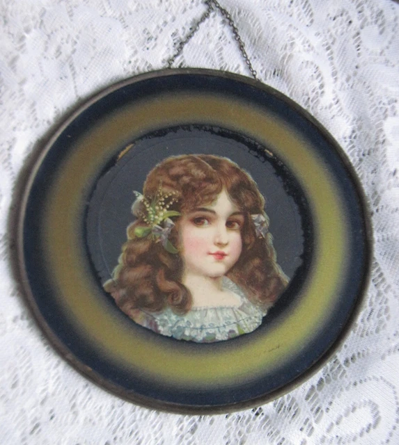 Antique 8" Flue Cover "Girl With Long Hair" Glass With Metal Frame
