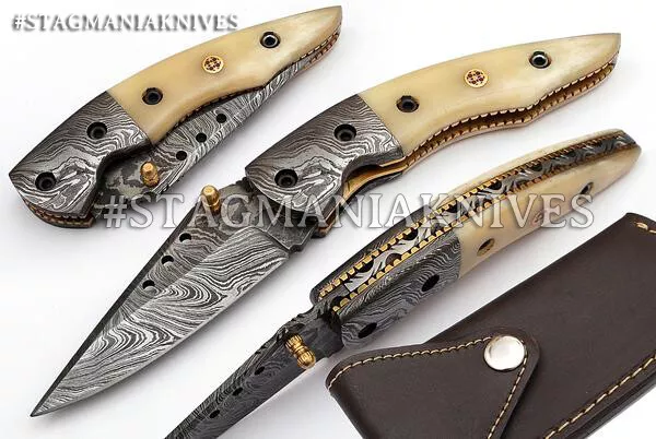 Hand Forged Damascus Steel Hunting Pocket Knife Folding Knife Camel Bone Handle