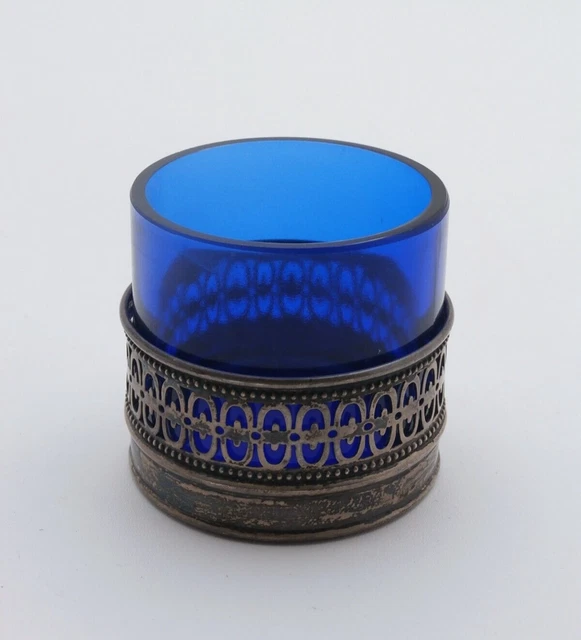 Vintage Webster Cobalt Blue Mustard Pot w/ No Lid Sterling Pierced Overlay