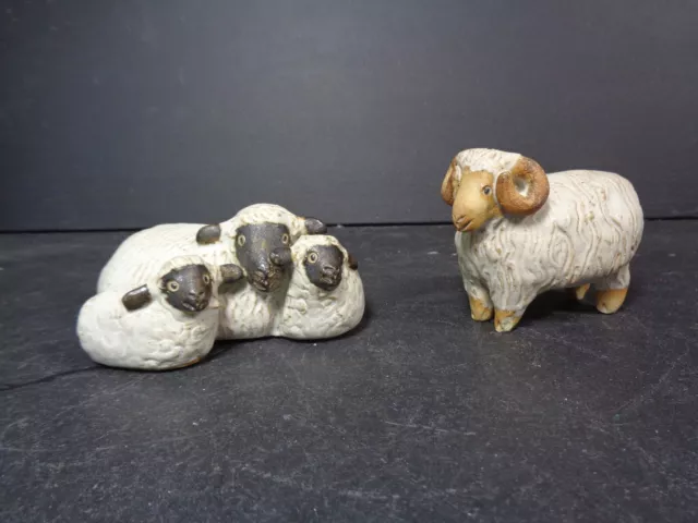 Stoneware Sheep & Lambs Signed AF (Animal Friends ?) & Unsigned Ram Figures