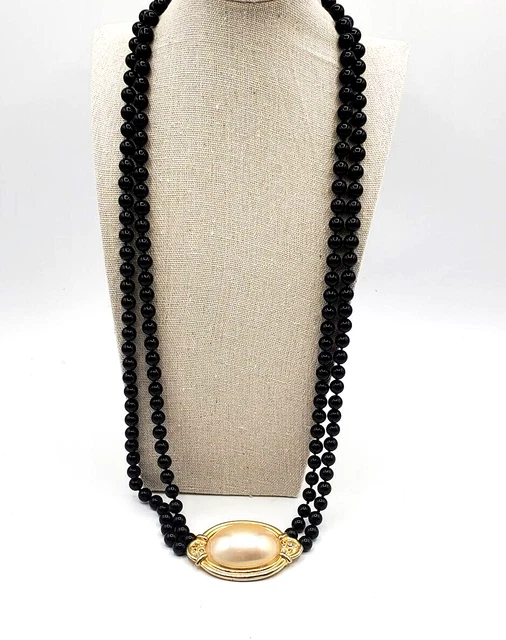 GLASS BLACK BEADED Necklace Double Strand White Enamel Pearl