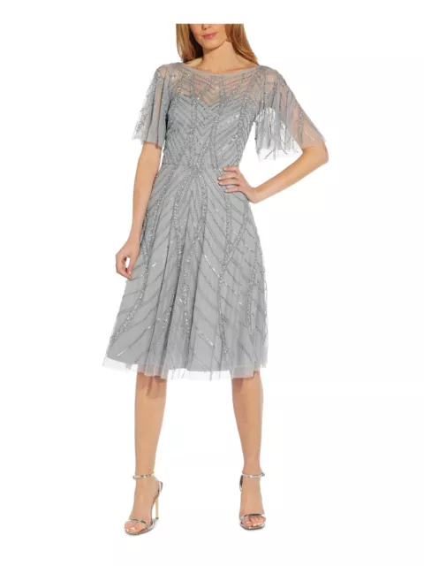 ADRIANNA PAPELL Womens Silver Flutter Sleeve Midi Cocktail Fit + Flare Dress 4
