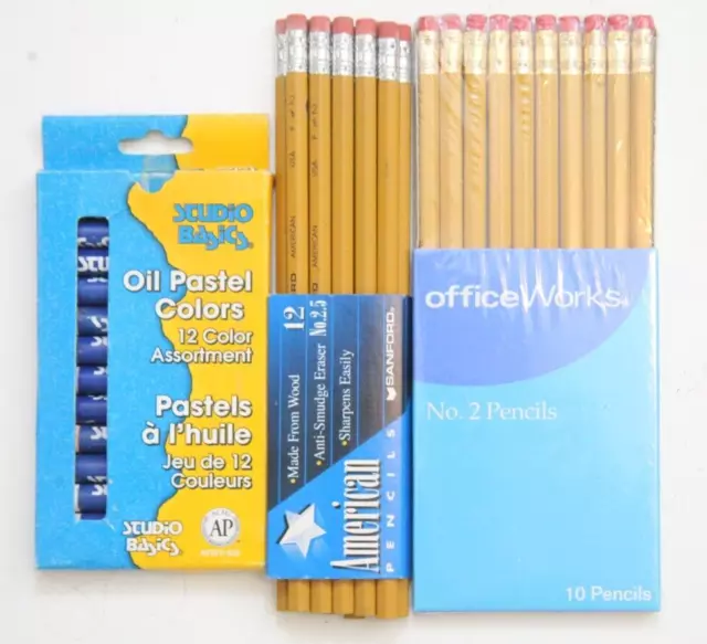 New Lot of 22 Number 2 Pencils PMA & 12 Oil Pastel Colors Studio Basics BB805