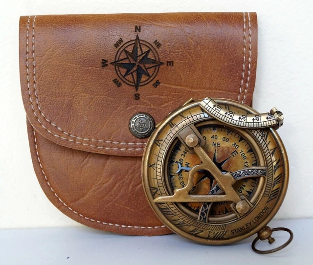 Antique Brass Maritime Stanley London Sundial Pocket Compass w Leather Case Gift