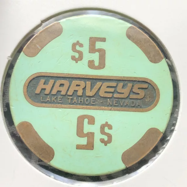 Harveys $5 Brass Lake Tahoe, Nevada Gaming Poker Casino Chip VV