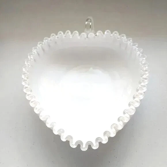 Fenton vintage heart white milk glass with silver crest crimped edges