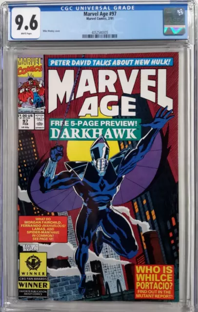 🔥Marvel Age #97 Cgc 9.6*1991*1St Appearance Of Darkhawk*Mike Manley❄White Pages