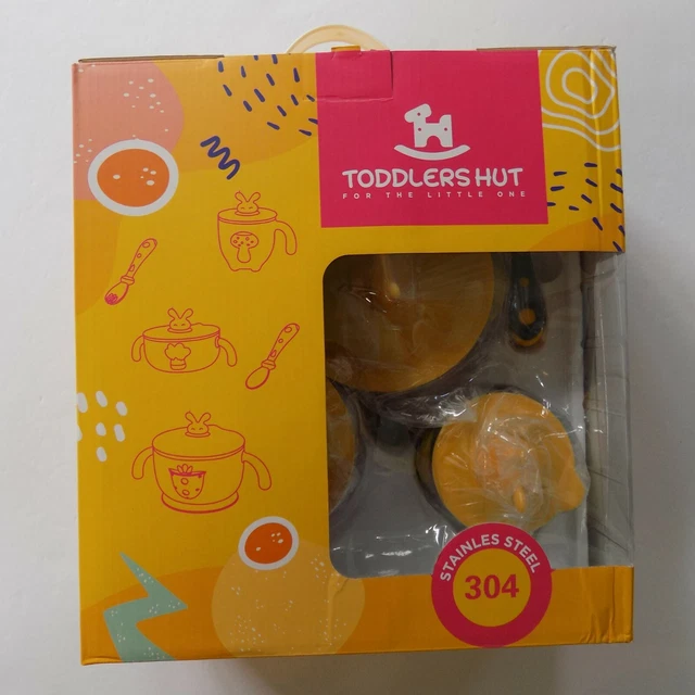 NEW Toddlers Hut Stainless Steel 8-piece Feeding Set Bowls Lids Spoons