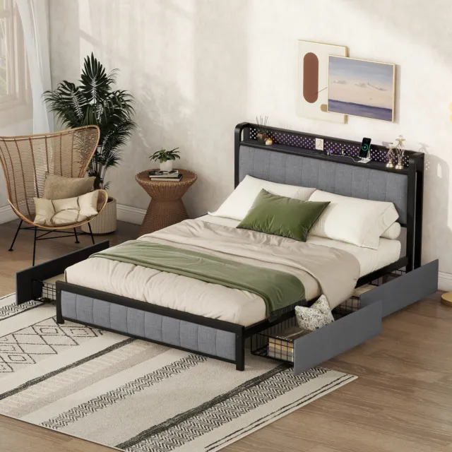 Queen Bed Frame with LED Headboard Upholstered Bed with 4 Storage Drawers and US