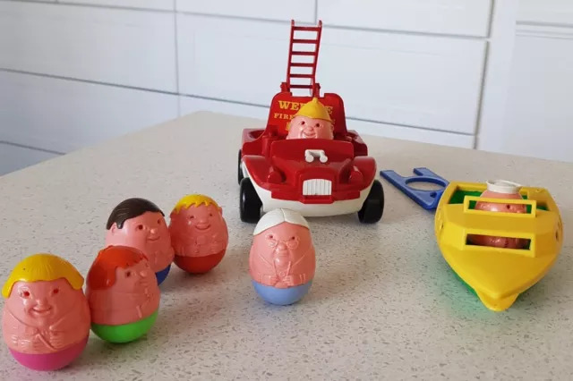 Vintage 1970'S Airfix Weeble Family, Fire Engine And Speedboat