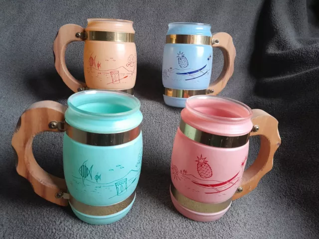 Vtg Siesta Ware Mugs, 4 Frosted Glass Hawaiian Tiki Mugs w/ Wood Handle, 1960s