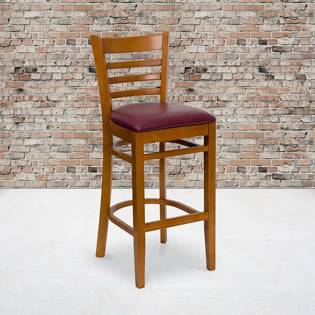 Hercules Series Ladder Back Cherry Wood Restaurant Barstool - Burgundy Vinyl