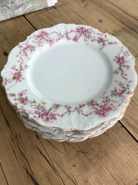 Antique Silesia Salad Dessert Plates Pink White flowers  Embossed 7.7/8 Set Of 6