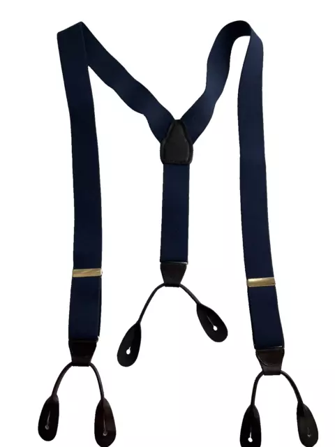 Vintage CAS Mens Suspenders Navy Blue Elastic Brown Leather Button Holes