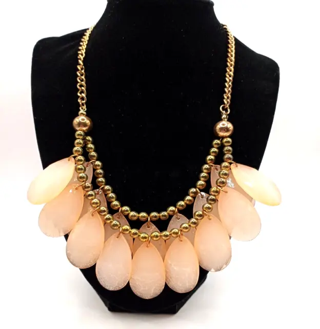 Light Pink/Peach 2 Strand Acrylic Faceted Gems on Bronze Colored Chain Necklace