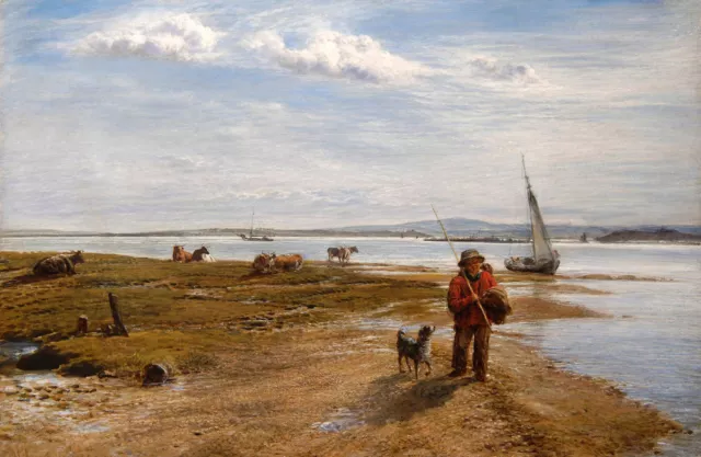 Nice Oil painting Beside the shore, Isle of Wight woman fisher with dog and cows