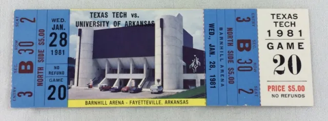 1981 01/28 Texas Teck at Arkansas Basketball Full Ticket-Scott Hastings