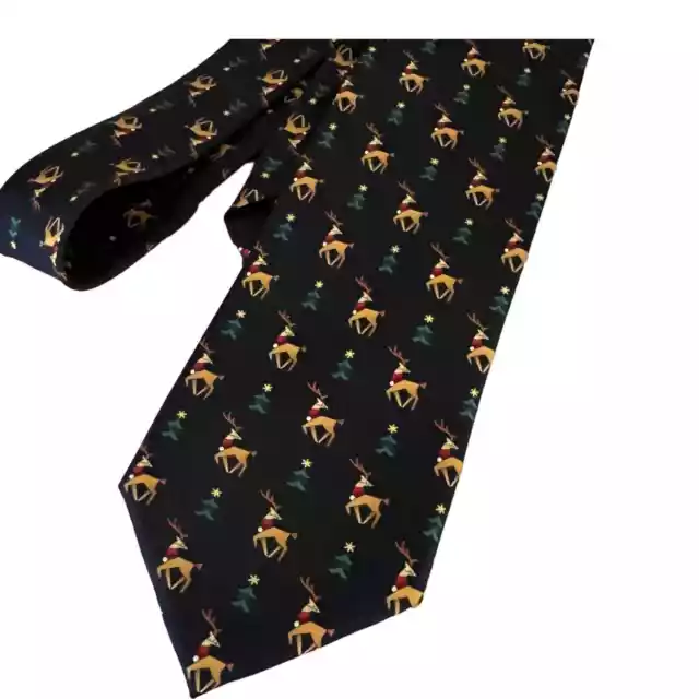 Salvatore Ferragamo Navy Blue Silk Reindeer Christmas Tree Holiday Tie