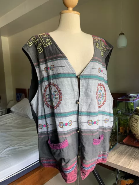 Vintage Nepal Ethnic Hand Embroidered Cotton Vest With Brass Buttons Size XXL