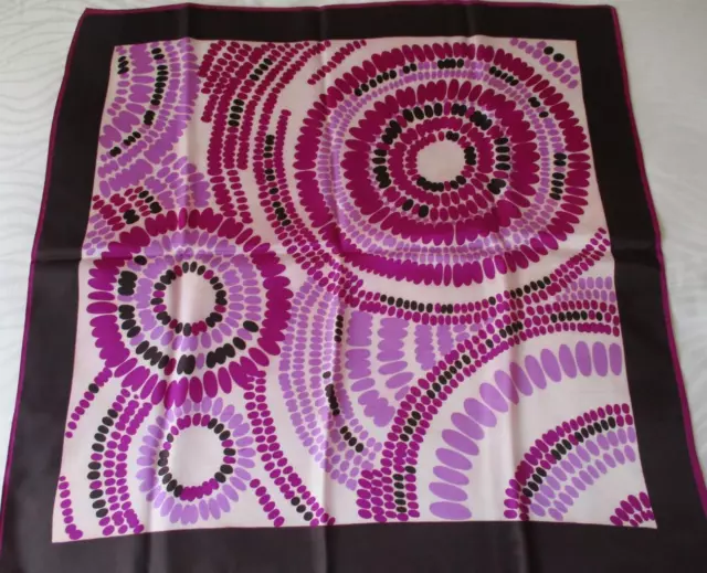 NWOT VINTAGE 60s 70s SILKY ACETATE SCARF SQUARE PURPLE BLACK ON WHITE CIRCLES