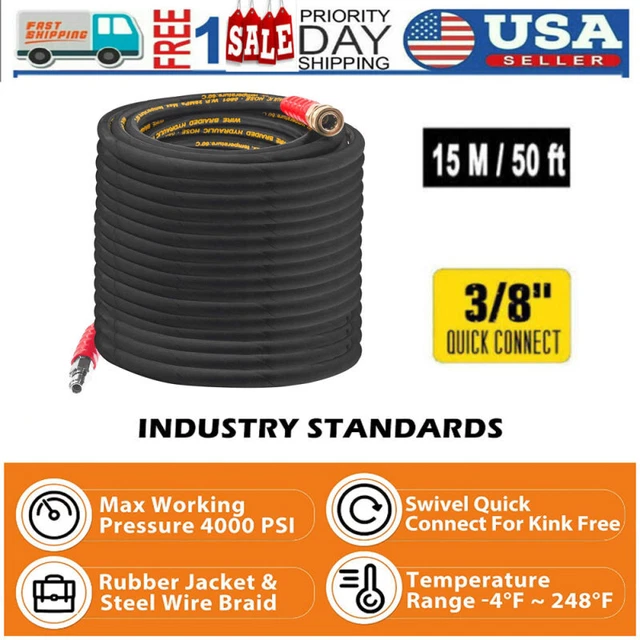 50ft High Pressure 4000PSI Washer Hose 3/8inch Quick Connect 2.5-5 GPM Universal