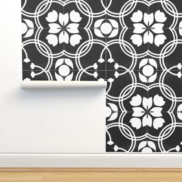 Removable Water-Activated Wallpaper Spanish Tiles Black White Tile And Floral
