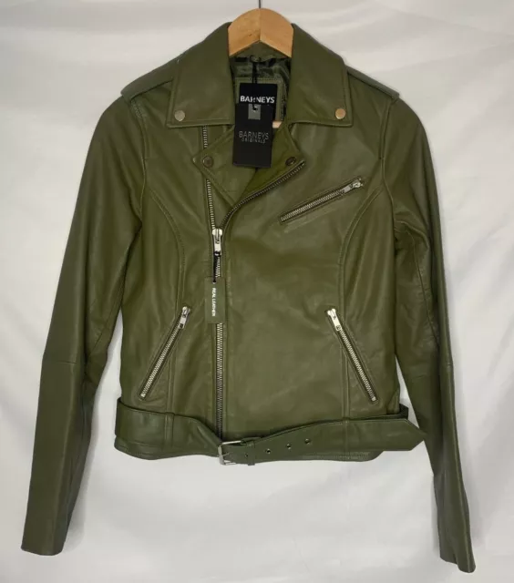 Barney's Original Emma 100% Sheep Leather Khaki Green Moto Biker Jacket Size 10