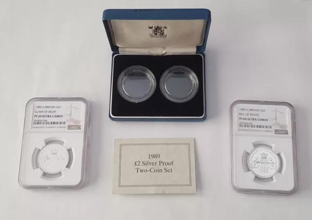 1989 £2 SILVER PROOF - 2 COIN SET - BILL OF RIGHTS & CLAIM OF RIGHTS -NGC Graded