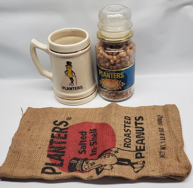VTG Planters Peanuts Mr. Peanut Collector Lot Mug, Collector Jar, Sack.