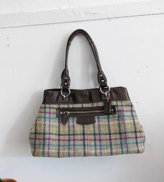 $298 Coach Penelope Tattersall Plaid Wool Tweed Patent Leather Tote Bag F15456