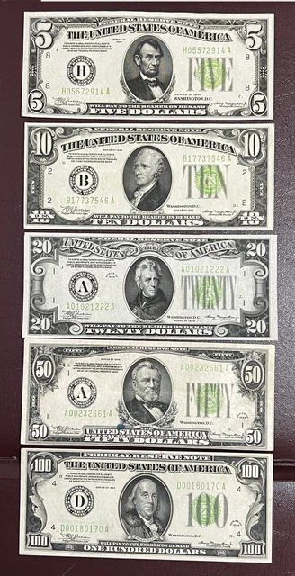Set of 1934 LGS LIME (( LIGHT GREEN SEAL )) Federal Reserve Notes