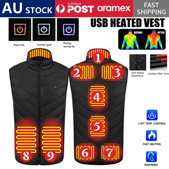 Mens Electric Vest Heated Jacket USB Warm Up 9 Areas Heating Body Warmer Coat AU