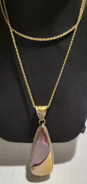 Mookaite 925 Silver** Gemstone Handmade Pendant 2.5" on Goldtone Long Chain 27"