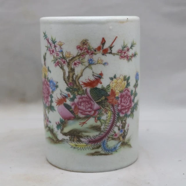 Chinese Porcelain Qing Qianlong Famille Rose Flowers Birds Brush Pots 4.52 Inch