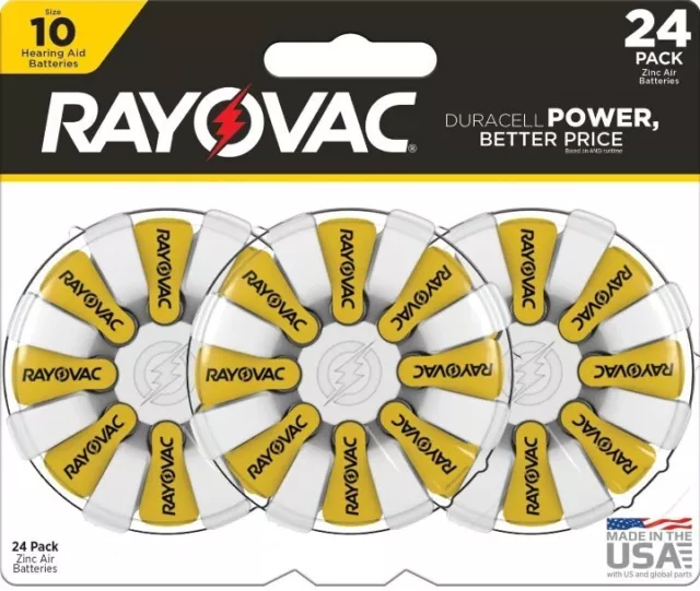 Rayovac size 10 Yellow Hearing Aid Batteries Long Lasting 1.45V EXP 12/21  24 PK