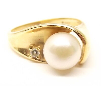 Vtg 14K Yellow Gold Cultured Pearl Diamond Ring Sz 6.75 Ornate Swirl .04 Carat