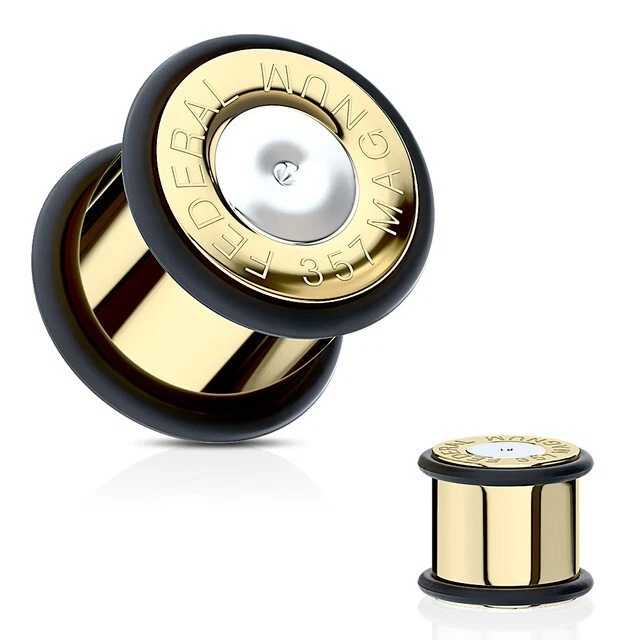 PAIR Gold Ion Plated 357 Magnum Bullet Plugs Earlets Tunnels Body Jewelry Gauges
