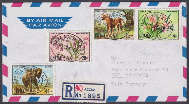 Ghana 1972, Flora & Fauna, Elefant, Lion, Crinum, registered letter to Germany